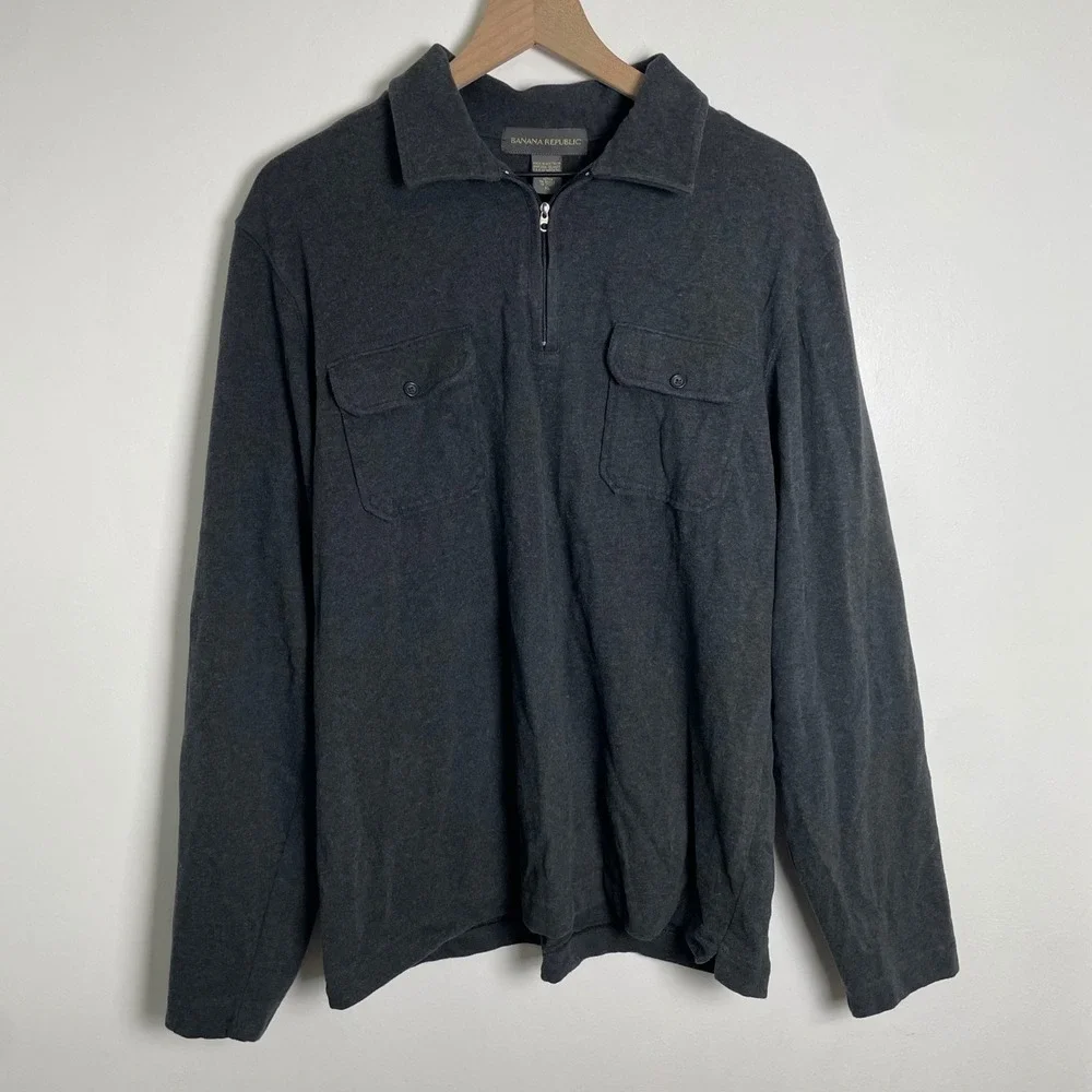 Banana Republic Quarter Zip Sweater Mens XL Gray Pullover Pockets Quiet Luxury